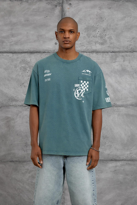 Yeşil CEP BASKI YIKAMALI OVERSIZE TSHIRT