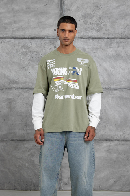 Yeşil Remember Baskılı Oversize Kolu Parçalı  Minimal Tasarım Sweatshirt