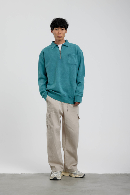 Yeşil Tek Cepli Yarım Fermuarlı Yıkamalı Sweatshirt