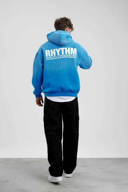Arkası Rythm Yazılı Mavi Kapüşonlu Sweatshirt