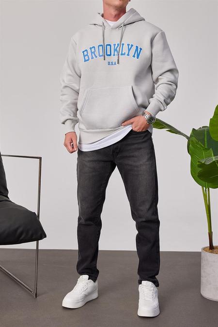 Brooklyn Baskılı Gri Kapüşonlu Sweatshirt