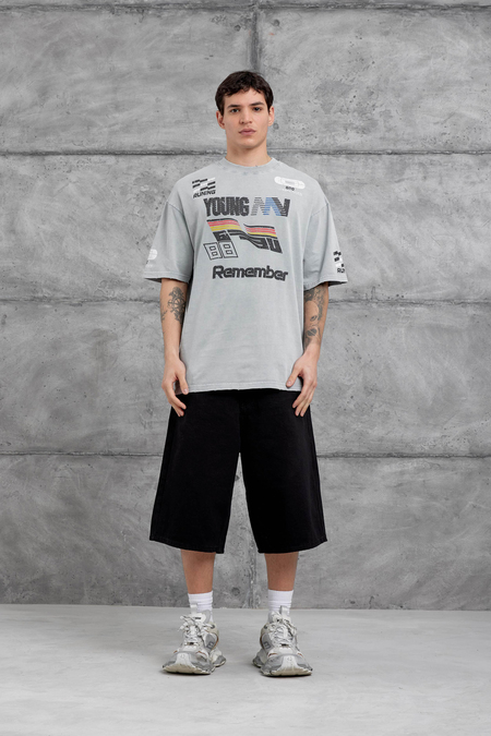 Gri Remember Yazılı Yakımalı Oversize Tshirt