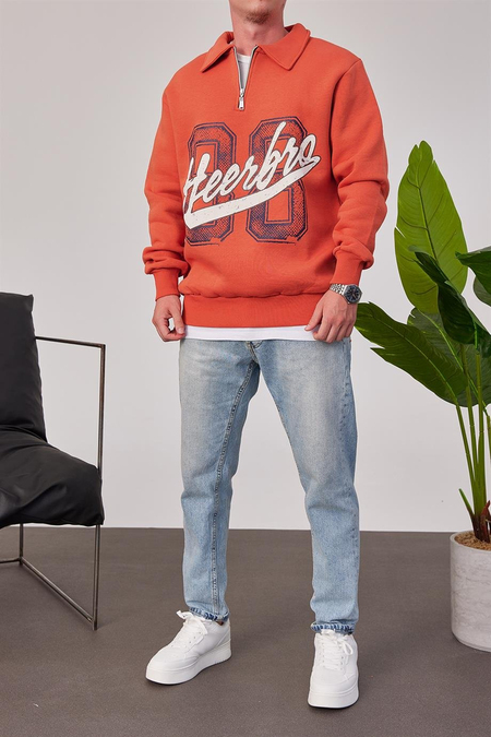 Heerbro Yakası Fermuarlı Kiremit Sweatshirt