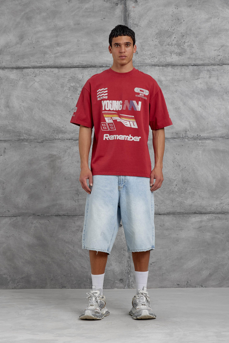 Kırmızı Remember Yazılı Yakımalı Oversize Tshirt