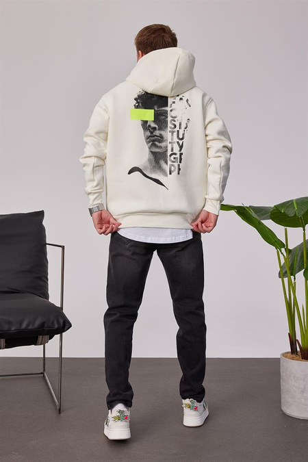 Kolu Fosforlu Baskılı Beyaz Kapüşonlu Sweatshirt