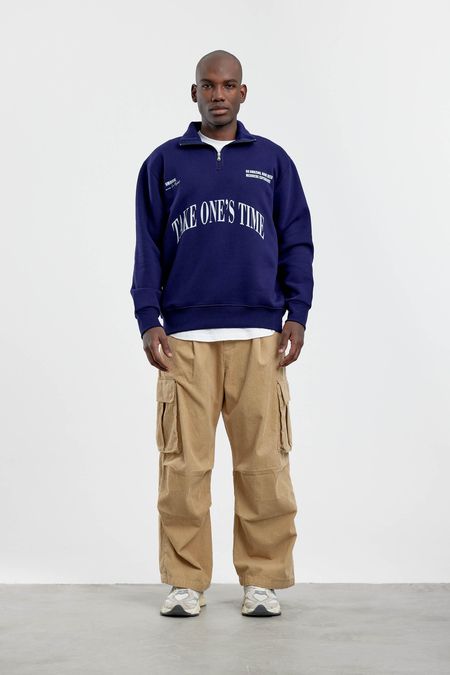 Lacivert Take One's Time Yazılı Yarım Fermuarlı Sweatshirt