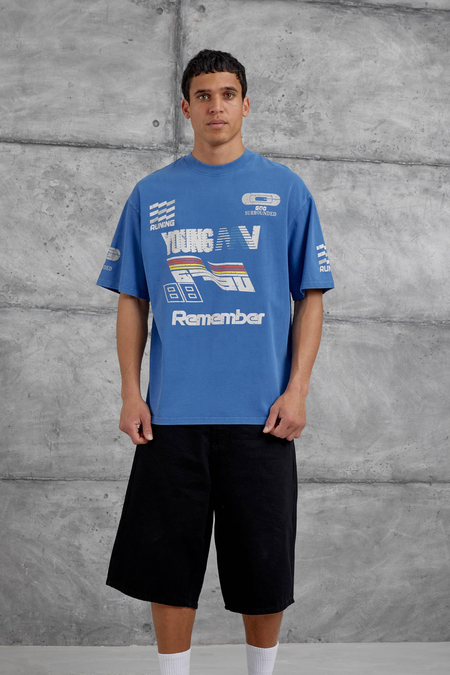 Mavi Remember Yazılı Yakımalı Oversize Tshirt