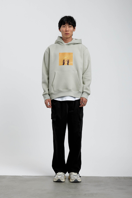 Mint Yeşili El Baskılı Kapüşonlu Sweatshirt