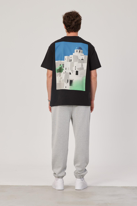 Mykonos Baskılı Siyah Tshirt
