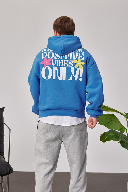 Positive Vibes Mavi Kapüşonlu Sweatshirt
