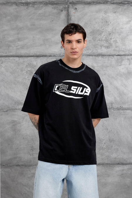 Siyah Celcius Yazılı Oversize Tshirt