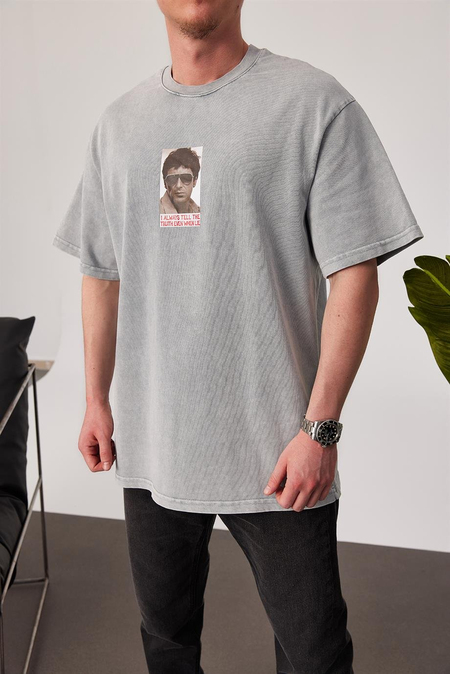 Tony Montana Yıkamalı Gri Tshirt