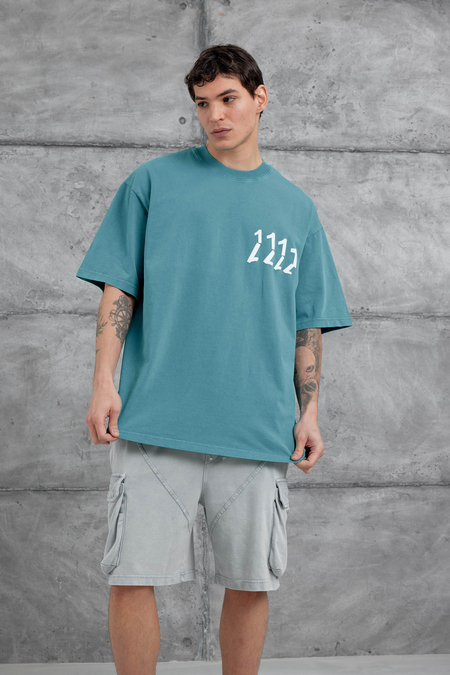 Yeşil 1111 Yazılı Yıkamalı Oversize Tshirt