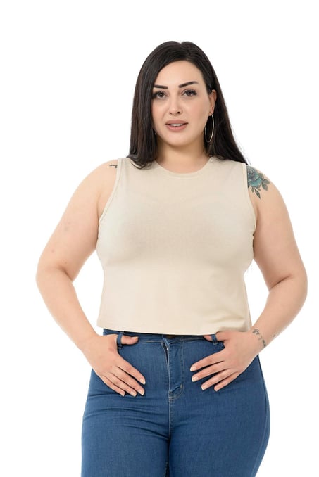 Büyük Beden Bisiklet Yaka Kolsuz Crop Viskon Bej Body