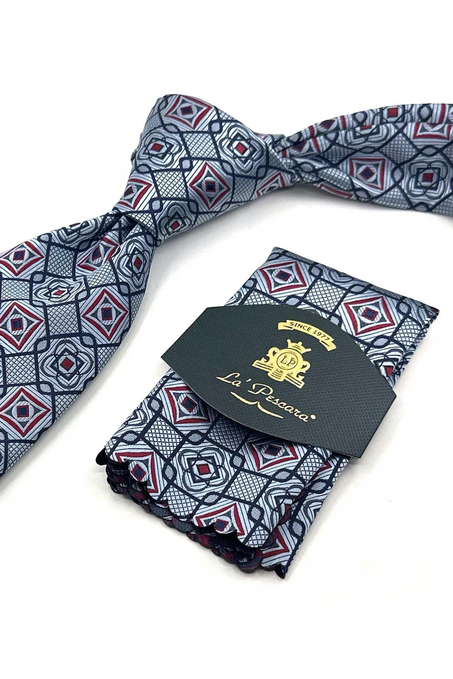 Açık Mavi Motif Desen Mendilli Klasik Kravat KK13767