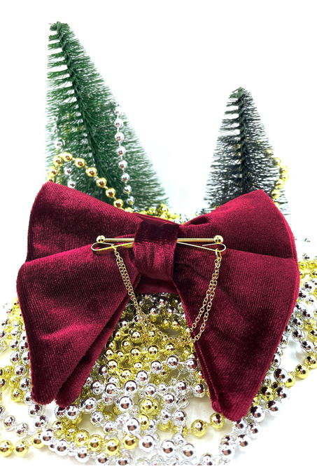 Altın Renk Zincirli Bordo Kadife Büyük Papyon  P1403 