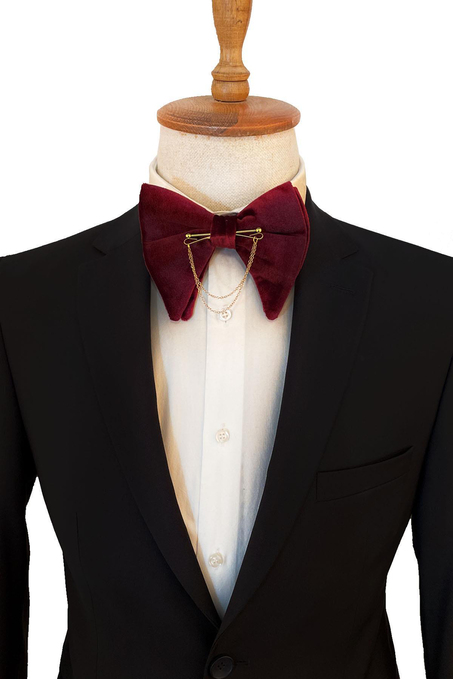 Altın Renk Zincirli Bordo Kadife Büyük Papyon  P1403 