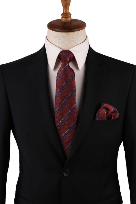 Bakır - Kahve Ekose Desen Mendilli Klasik Kravat KK10761