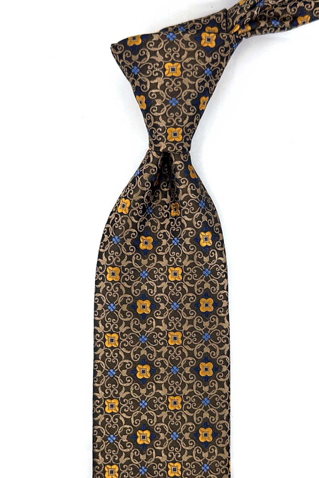 Bej Kahve Motif Desen Mendilli Klasik Kravat KK13925