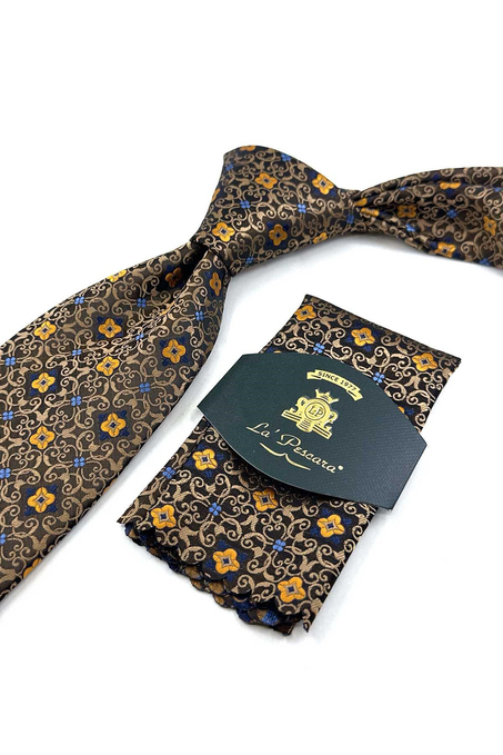 Bej Kahve Motif Desen Mendilli Klasik Kravat KK13925
