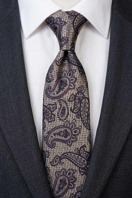 Bej - Kahve Şal Desen Mendilli Klasik Kravat KK13301