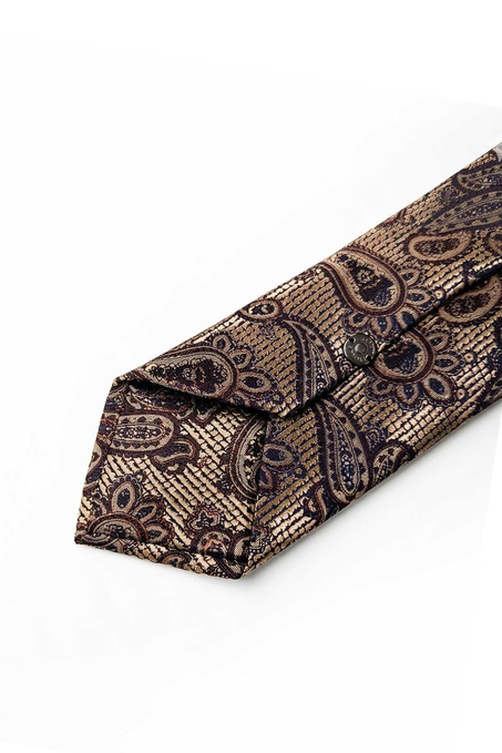 Bej - Kahve Şal Desen Mendilli Klasik Kravat KK13301