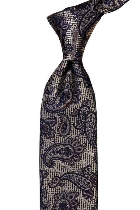 Bej - Kahve Şal Desen Mendilli Klasik Kravat KK13301