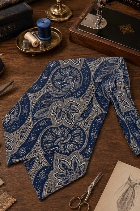 Bej Lacivert Şal Desen İtalyan İpek Ascot Kravat SAC120