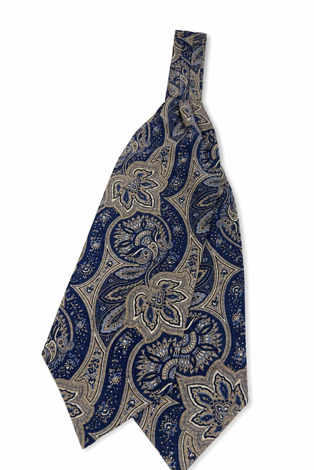 Bej Lacivert Şal Desen İtalyan İpek Ascot Kravat SAC120
