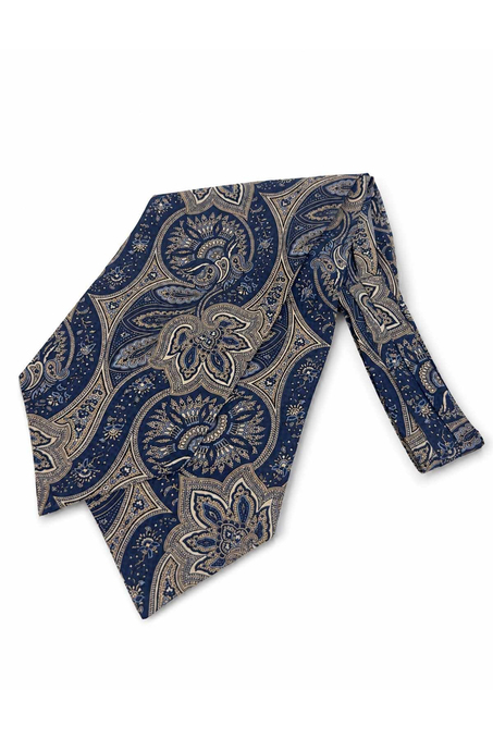 Bej Lacivert Şal Desen İtalyan İpek Ascot Kravat SAC120