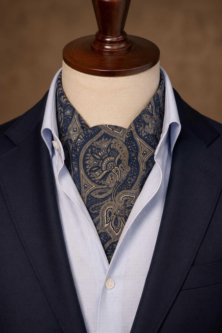 Bej Lacivert Şal Desen İtalyan İpek Ascot Kravat SAC120