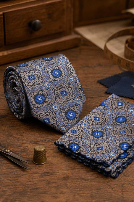 Bej Mavi Motif Desen Mendilli Klasik Kravat KK13754