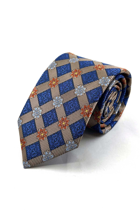 Bej Mavi Motif Desen Mendilli Klasik Kravat KK13939