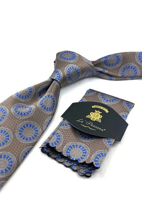 Bej Mavi Motif Desen Mendilli Klasik Kravat KK13973