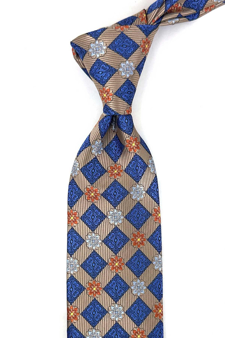 Bej Mavi Motif Desen Mendilli Klasik Kravat KK13939