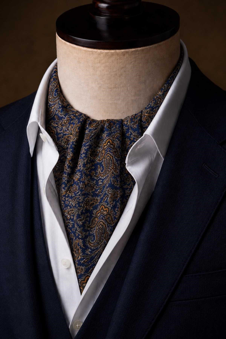 Bej Mavi Şal Desen İtalyan İpek Ascot Kravat SAC95