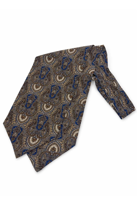Bej Mavi Şal Desen İtalyan İpek Ascot Kravat SAC117