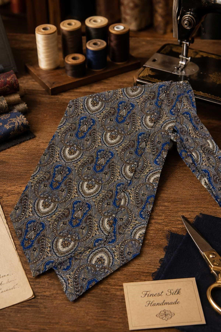 Bej Mavi Şal Desen İtalyan İpek Ascot Kravat SAC117