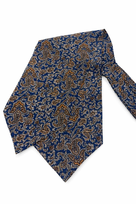 Bej Mavi Şal Desen İtalyan İpek Ascot Kravat SAC95