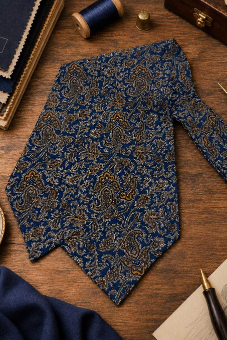 Bej Mavi Şal Desen İtalyan İpek Ascot Kravat SAC95