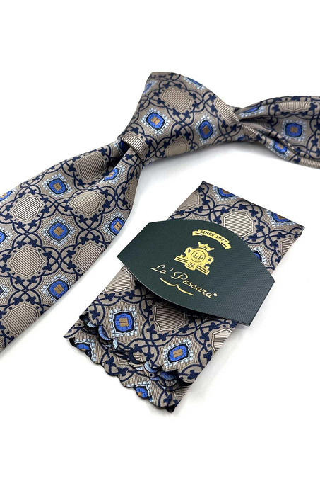 Bej Motif Desen Mendilli Klasik Kravat KK13916