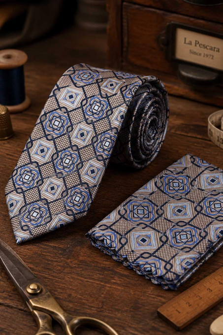 Bej Motif Desen Mendilli Klasik Kravat KK13771