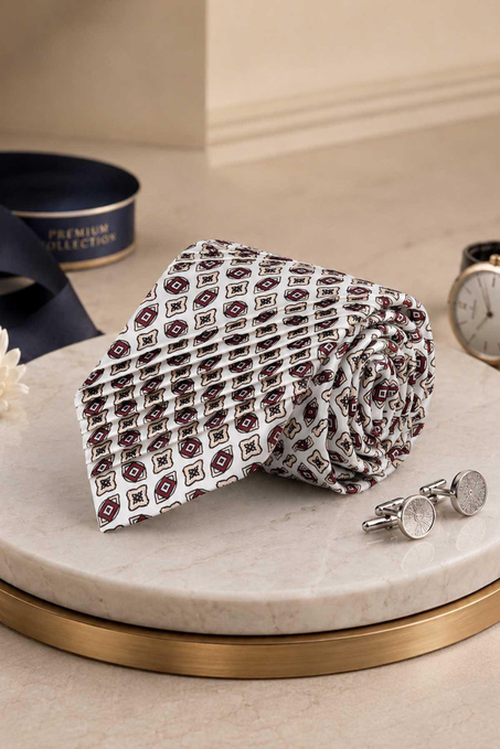 Beyaz Bordo Motif Desen İtalyan İpek Piliseli Kravat EST253