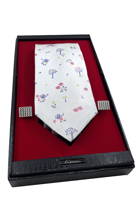 Beyaz İtalyan İpek Kravat Çelik Kol Düğmesi Erkek Hediye Seti SKS26