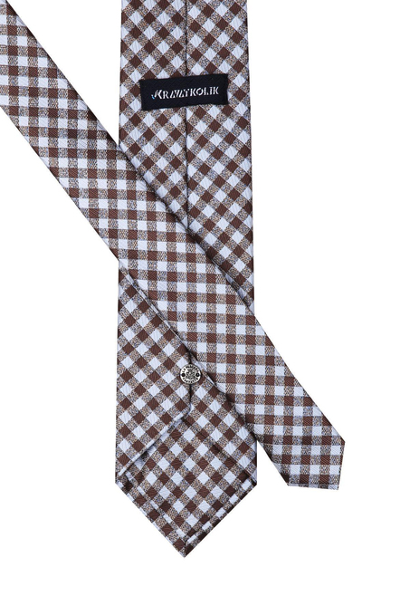 Beyaz - Kahverengi Ekose Desen Mendilli Klasik Kravat KK10644