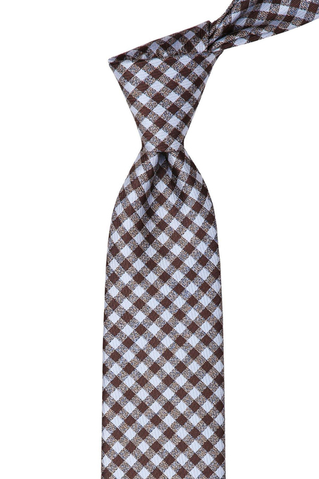 Beyaz - Kahverengi Ekose Desen Mendilli Klasik Kravat KK10644