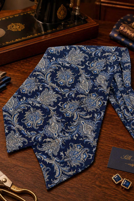 Beyaz Lacivert Şal Desen İtalyan İpek Ascot Kravat SAC138