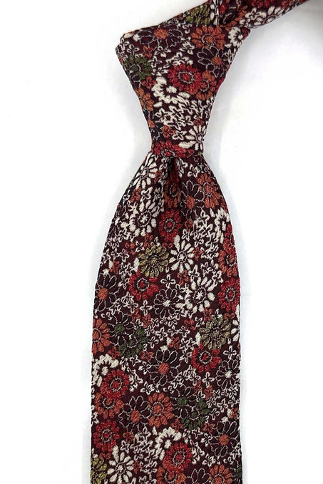 Bordo Çiçek Desen İtalyan Yün İpek Kravat İK2632