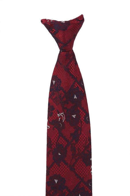 Bordo Çiçek Desen Klipsli Kravat KLP364
