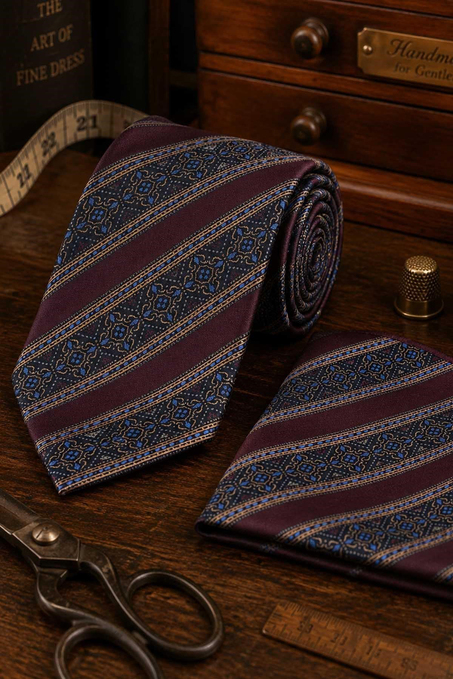 Bordo Çizgi Desen Mendilli Klasik Kravat KK13776